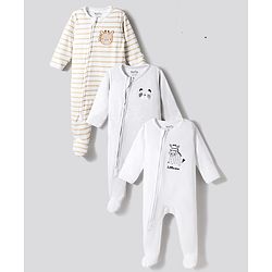 Bonfino 100% Cotton Knit Full Sleeves Sleepsuit With Animal Embroidery Pack of 3 - Multicolor