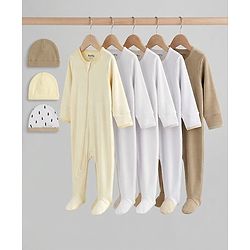 Bonfino 100% Cotton Knit Full Sleeves Solid Sleepsuits Pack Of 5 & Caps Pack Of 3 - Multicolor