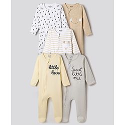 Bonfino 100% Cotton Knit Full Sleeves Star & Text Printed Sleepsuits With Patch Pack Of 5 - Multicolor