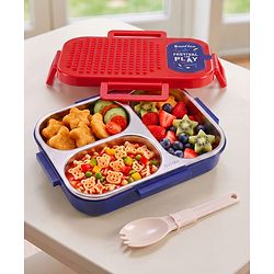Bonfino Kids Stainless Steel 3 Compartment Lunch Box 600ml - Red | Leak-Resistant | Smart Spoon Slot | Foldable Spoon Cum Fork | BPA-Free | Ideal for School, Picnic & Travel| Building Block Top