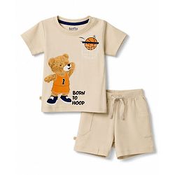 Bonfino 100% Cotton Knit Half Sleeves T-Shirt & Shorts Set With Bear & Basket Ball Print - Beige