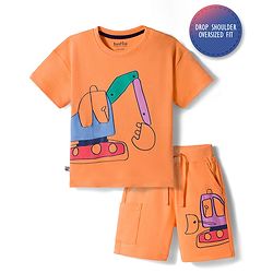 Bonfino 100% Cotton Knit Oversized Drop Shoulder Half Sleeves Construction Vehicles Printed  T-Shirt & Cargo Shorts Set- Orange