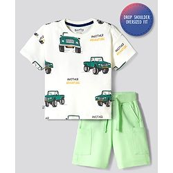 Bonfino 100% Cotton Knit Drop Shoulder Half Sleeves Oversized T-Shirt & Cargo Shorts Set with Car Print - Mint & White