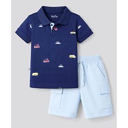 Bonfino 100% Cotton Woven Half Sleeves Emergency Vehicles Printed Polo T-Shirt & Shorts Set- Navy Blue