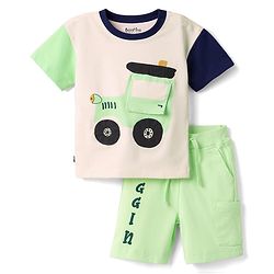 Bonfino 100% Cotton Knit Drop Shoulder Half Sleeves Oversized T-Shirt & Cargo Shorts Set with Tractor Print & Patch - Multicolor