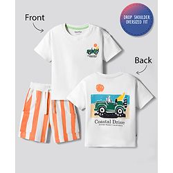 Bonfino 100% Cotton Knit Half Sleeves Vehicles Printed & Striped Front & Back Printed Oversized T-Shirt & Cargo Shorts Set - White