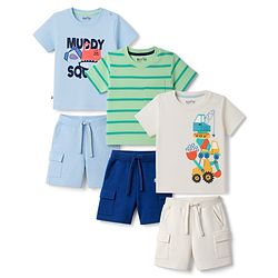 Bonfino 100% Cotton Knit Front Printed Half Sleeve T-Shirt & Cargo Shorts Pack of 3 - Green Blue White