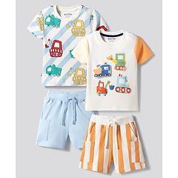 Bonfino 100% Cotton Knit Half Sleeves T-Shirts & Cargo Shorts Set with Vehicle Print & Stripes Pack Of 2 - Multicolor