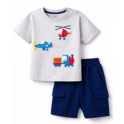 Bonfino 100% Cotton Knit Half Sleeves Oversized Drop Shoulder Vehicles Printed T-Shirt & Shorts Set - Navy Blue & Grey