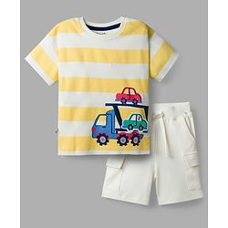 Bonfino 100% Cotton Knit Half Sleeves Striped & Vehicles Printed Oversized T-Shirt & Solid Cargo Shorts Set - White