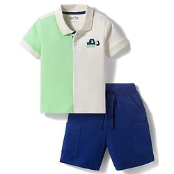 Bonfino 100% Cotton Knit Color Block Half Sleeves Polo T-Shirt & Solid Cargo Shorts Set - Multicolor