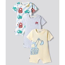 Bonfino 100% Cotton Knit Half Sleeves Striped Rompers with Vehicle Print Pack Of 3 - Multicolor