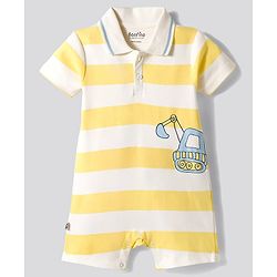 Bonfino 100% Cotton Knit Half Sleeve Striped Polo Romper with Vehicle Print - White