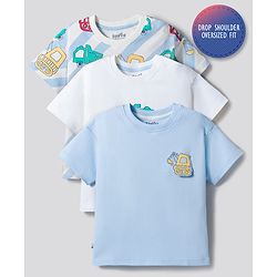 Bonfino 100% Cotton Knit Drop Shoulder Half Sleeves Oversized T-Shirts With Vehicle Print Pack of 3 - Multicolor
