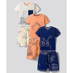 Bonfino 100% Cotton Knit Half Sleeves Construction Vehicles Printed T-Shirt & Shorts Night Suit Pack Of 3 - Multi Color