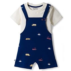 Bonfino 100% Cotton Knit Half Sleeves T-Shirt & Dungaree Set with Vehicle Print - Navy Blue & White