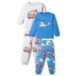 Bonfino 100% Cotton Knit Full Sleeves Co-Ord T-Shirt & Pyjama Night Suit With Emergency Vehicles Print Pack of 2 - Multicolor