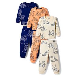 Bonfino 100% Cotton Knit Full Sleeves Vehicles Printed Co-Ords T-Shirt & Pyjama Night Suit Pack of 3- Multicolour