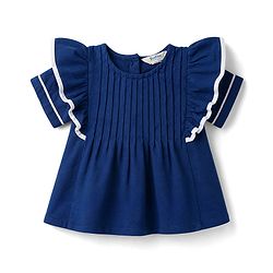 Bonfino 100% Cotton Woven Half Sleeves A Line Ruffle Top With Piping Detail - Navy Blue