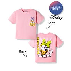 Bonfino Disney Single Jersey Knit Drop Shoulder Half Sleeves Oversized T-Shirt With Front & Back Daisy Duck Graphics - Pink