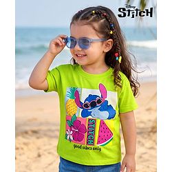 Bonfino Disney Cotton Knit T-Shirt with Stitch Graphic Half Sleeves Round Neck Neon Green 9-12 Months