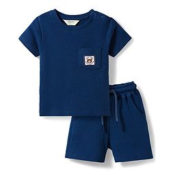 Bonfino 100% Cotton Knit Waffle Structure Fabric Half Sleeve T-Shirt & Shorts Set with Teddy Badge - Blue