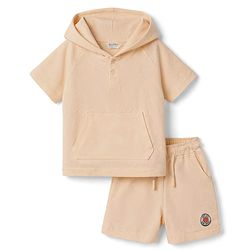Bonfino 100% Cotton Knit Popcorn Structure Fabric Half Sleeves Solid Hooded Henley T-Shirt With Badge on The Chest & Shorts Set- Beige