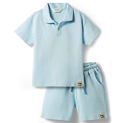 Bonfino 100% Cotton Knit Horizontal Structure Fabric Half Sleeves Solid Polo T-Shirt & Shorts Set with Badge Detailing - Light Blue