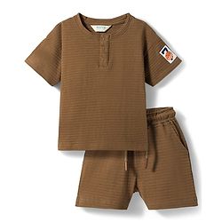 Bonfino 100% Cotton Knit Horizontal Structure Fabric Half Sleeves Solid Henley T-Shirt & Shorts Set with Badge Detailing - Brown
