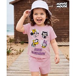 Bonfino Disney 100% Cotton Knit Half Sleeves T-Shirt & Shorts Set With Minnie & Friends Graphic - Pink