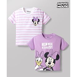 Bonfino Disney 100% Cotton Knit Half Sleeves T-Shirts With Stripes & Minnie Mouse & Friends Graphic Pack Of 2 - Purple
