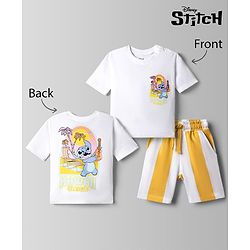 Bonfino Disney Single Jersey Knit Half Sleeves T-Shirt & Striped Shorts Night Suit With Lilo & Stitch Graphic - White