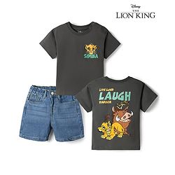 Bonfino Disney Single Jersey Knit Half Sleeves Front & Back The Lion King Printed T-Shirt & Denim Shorts Set - Black