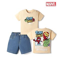 Bonfino Marvel Single Jersey Knit Half Sleeves T-Shirt & Denim Shorts Set with Front & Back Avengers Graphics- Cream