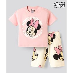 Bonfino Disney Single Jersey Knit Half Sleeves T-Shirt & Shorts Set With Minnie Mouse Graphics - Multicolor