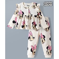 Bonfino Disney Single Jersey Knit Full Sleeves Front Open Co-Ords Top & Pajama Night Suit with Minnie Mouse Print  - Off White