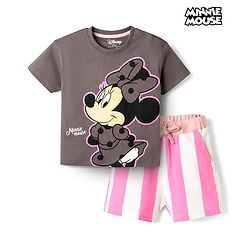 Bonfino Disney Single Jersey Knit Half Sleeves T-Shirt & Striped Shorts Set With Minnie Mouse Graphics - Multicolor