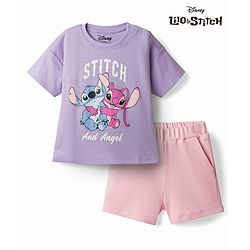 Bonfino DIsney Drop Shoulder Sleeves T-Shirt & Shorts With Lilo & Stitch Graphics - Multicolor