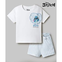 Bonfino Disney Single Jersey Half Sleeve T-shirt & Checks Shorts With Lilo & Stitch Applique - White