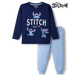 Bonfino Disney 100% Cotton Knit Full Sleeves T-Shirt & Pyjama Night Suit With Stitch Graphic - Navy Blue