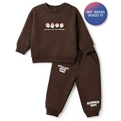 Bonfino Cotton Knit Fleece Oversized Drop Shoulder Full Sleeves Winter Sweatshirt and Joggers Set With Santa & Text Print - Brown