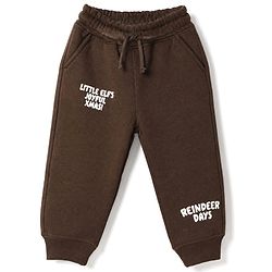 Bonfino Cotton Knit Fleece Oversized Drop Shoulder Full Sleeves Winter Sweatshirt and Joggers Set With Santa & Text Print - Brown
