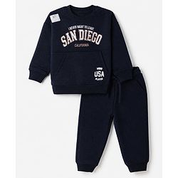 Bonfino Cotton Mixes Fleece Knit Full Drop Shoulder Sleeves Oversized Sweatshirt and Jogger Winter Wear Set with San Diego Print & Kangaroo Pocket - Navy Blue