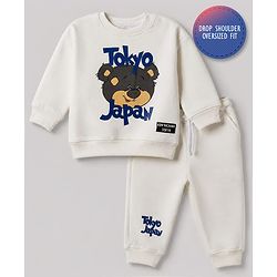 Bonfino Fleece Knit Full Sleeves Oversized Drop Shoulder Winter Wear Suit Bear & Text Print - Off White
