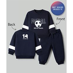 Bonfino Cotton Knit Fleece Full Sleeves Oversized Drop Shoulder Color Block Sweatshirt and Jogger Set With Football Print - Navy Blue