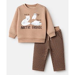 Bonfino Cotton Fleece Knit Full Sleeves Oversized Drop Shoulder Winter Sweatshirt and Jogger Set with Animal & Text Print - Beige