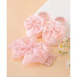 Bonfino Headband & Socks Combo Set With Bow Applique - Pink