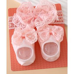 Bonfino Headband & Socks Combo Set With Bow Applique - Pink