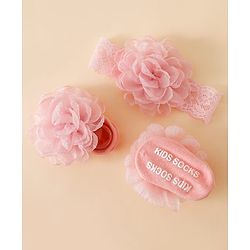 Bonfino Headband & Socks Combo Set With Flower Applique -Pink