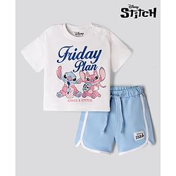 Bonfino Disney Interlock Knit Half Sleeves T-Shirt & Shorts Night Suit with Stitch Graphic - White